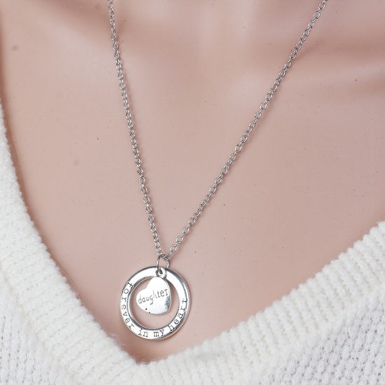 Picture of Family Jewelry Necklace Antique Silver Circle Ring Heart Message " Forever In My Heart & Daughter " 54cm(21 2/8") long - 52cm(20 4/8") long, 1 Piece