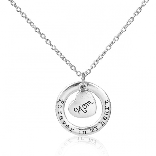 Picture of Family Jewelry Necklace Antique Silver Circle Ring Heart Message " Forever In My Heart & Mom " 54cm(21 2/8") long - 52cm(20 4/8") long, 1 Piece