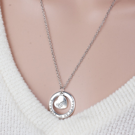 Picture of Family Jewelry Necklace Antique Silver Circle Ring Heart Message " Forever In My Heart & Mom " 54cm(21 2/8") long - 52cm(20 4/8") long, 1 Piece