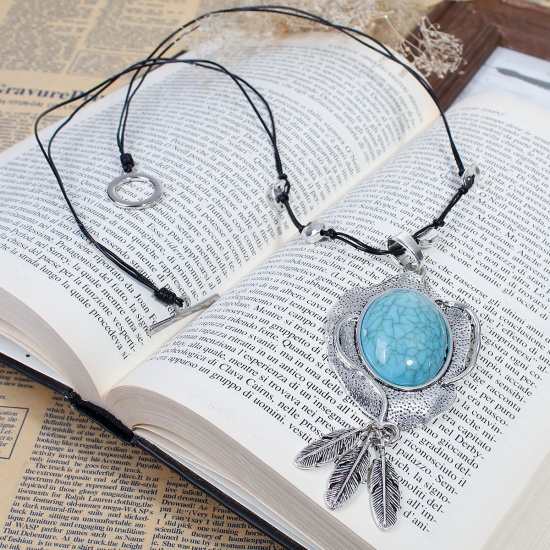 Picture of Boho Chic Long Necklace Antique Silver Black Feather Imitation Turquoise 76.5cm(30 1/8") long, 1 Piece
