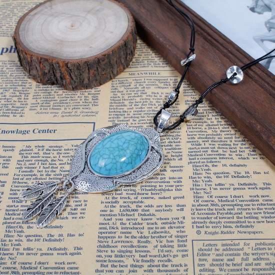 Picture of Boho Chic Long Necklace Antique Silver Black Feather Imitation Turquoise 76.5cm(30 1/8") long, 1 Piece