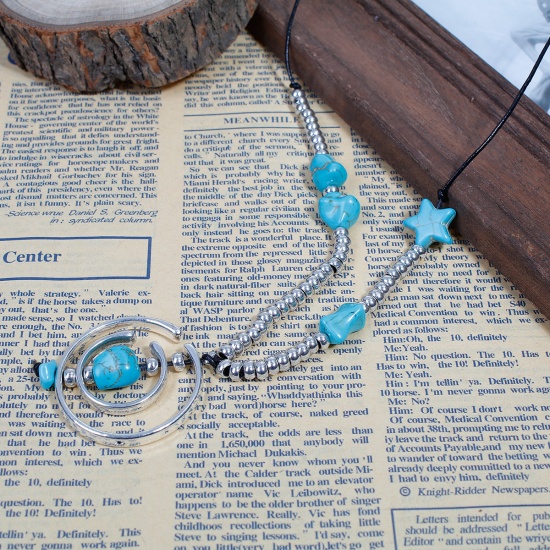 Picture of Boho Chic Adjustable Long Necklace Antique Silver Blue Round Imitation Turquoise 71cm(28") long, 1 Piece
