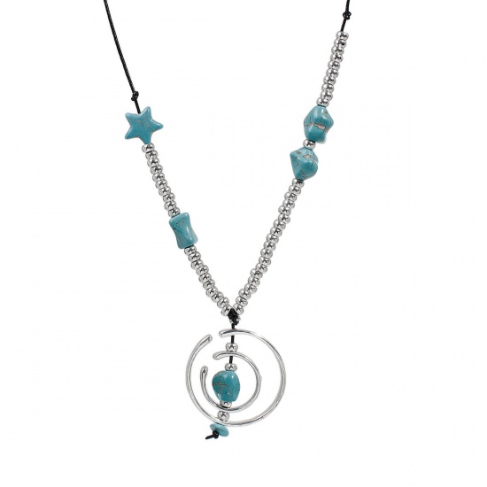 Picture of Boho Chic Adjustable Long Necklace Antique Silver Blue Round Imitation Turquoise 71cm(28") long, 1 Piece