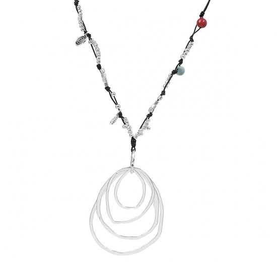 Picture of Boho Chic Long Necklace Antique Silver Black Round Spiral Imitation Turquoise 72.5cm(28 4/8") long, 1 Piece