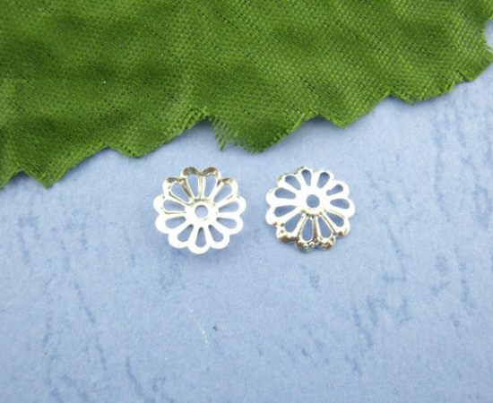 Picture of Alloy Filigree Beads Caps Flower Silver Plated (Fits 14mm-18mm Beads) 8.5mm x 8.5mm, 800 PCs