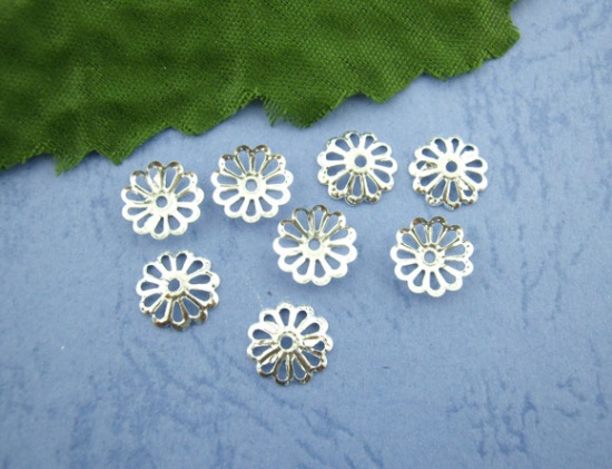 Picture of Alloy Filigree Beads Caps Flower Silver Plated (Fits 14mm-18mm Beads) 8.5mm x 8.5mm, 800 PCs