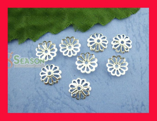 Picture of Alloy Filigree Beads Caps Flower Silver Plated (Fits 14mm-18mm Beads) 8.5mm x 8.5mm, 800 PCs