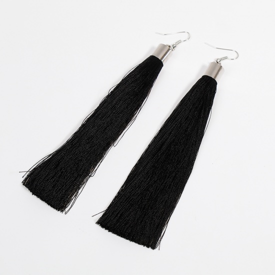 Picture of Polyester Tassel Earrings Silver Tone Black 13.5cm(5 3/8") long, Post/ Wire Size: (21 gauge), 1 Pair