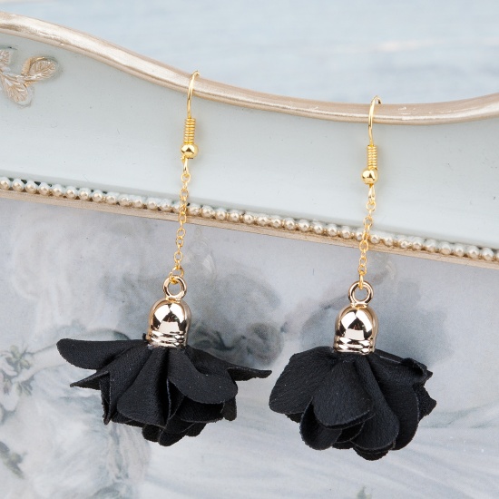 Picture of Polyester Earrings Gold Plated Black Flower Oval 6.2cm(2 4/8"), Post/ Wire Size: (22 gauge), 1 Pair
