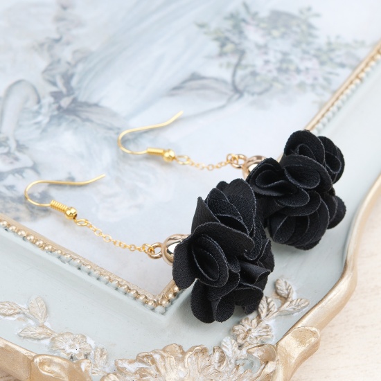 Image de Boucles d'Oreilles en Polyester Fleur Ovale Doré Noir 6.2cm, Epaisseur de Fil: (22 gauge), 1 Paire