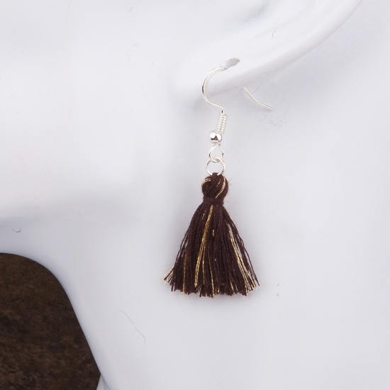 Picture of Polyester Tassel Earrings Silver Plated Coffee 5.2cm(2"), Post/ Wire Size: (21 gauge), 1 Pair