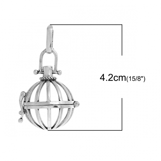 Picture of Zinc Based Alloy Pendants Mexican Angel Caller Bola Harmony Ball Wish Box Antique Silver (Can Hold ss16 Pointed Back Rhinestone) Can Open (Fit Bead Size: 16mm) 42mm(1 5/8") x 25mm(1"), 1 Piece