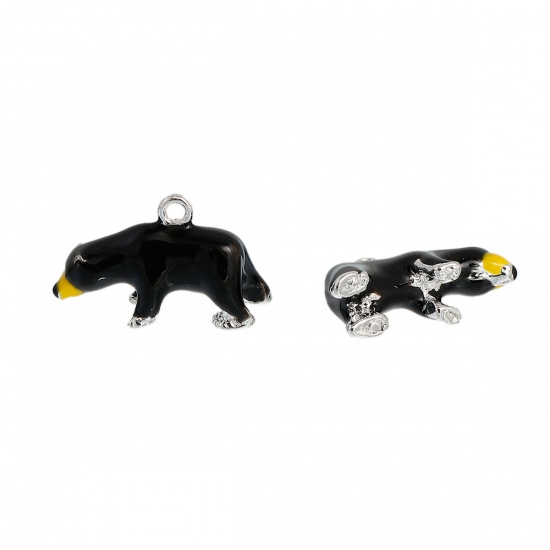 Picture of Zinc Based Alloy Charms Bear Animal Silver Plated Black Enamel 20mm( 6/8") x 12mm( 4/8"), 2 PCs