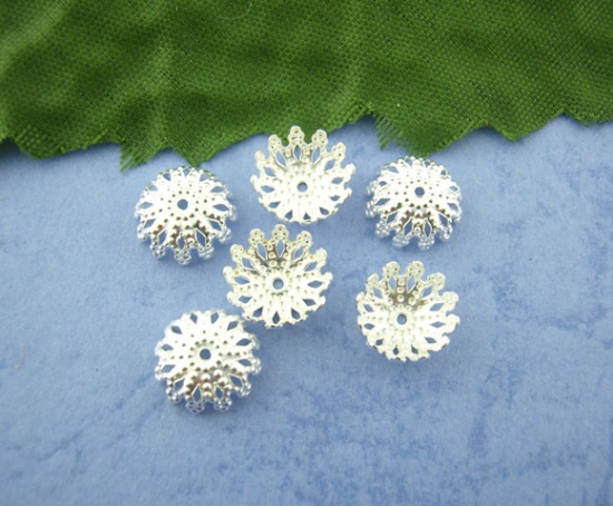 Picture of Alloy Filigree Beads Caps Flower Silver Plated 9mm x 9mm, 300 PCs