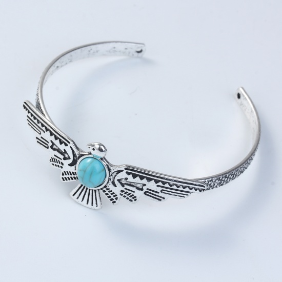 Picture of Resin Open Cuff Bangles Bracelets Antique Silver Blue Eagle 18.4cm(7 2/8") long, 1 Piece