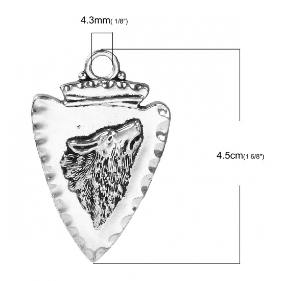 Picture of Zinc Based Alloy Wolf Pendants Antique Silver Color Triangle 45mm(1 6/8") x 29mm(1 1/8"), 5 PCs