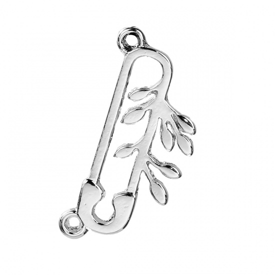 Picture of Zinc Based Alloy Safety Pin Connectors Leaf Silver Tone 30mm(1 1/8") x 14mm( 4/8"), 3 PCs