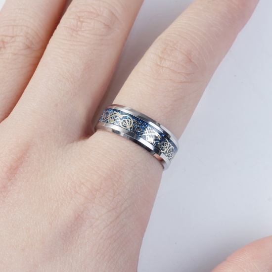Bild von Titan Edelstahl Uneinstellbar Ring Vergoldet & Silberfarbe Rund Drache 18.3mm（US Größe:8.25), 1 Stück