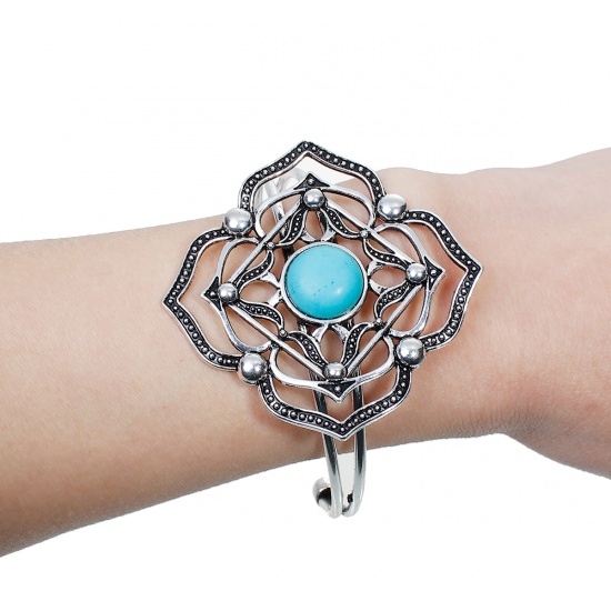 Bild von Yoga Heilung Offen Manschette Armreife Armband Antiksilber Blau Wurzel Imitat Howlith 17.5cm lang, 1 Stück