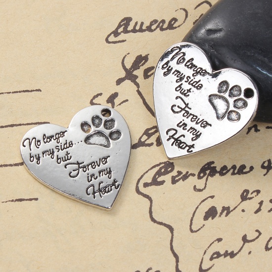 Picture of Zinc Based Alloy Pet Memorial Charms Heart Antique Silver Message Dog's Paw 25mm(1") x 25mm(1"), 5 PCs