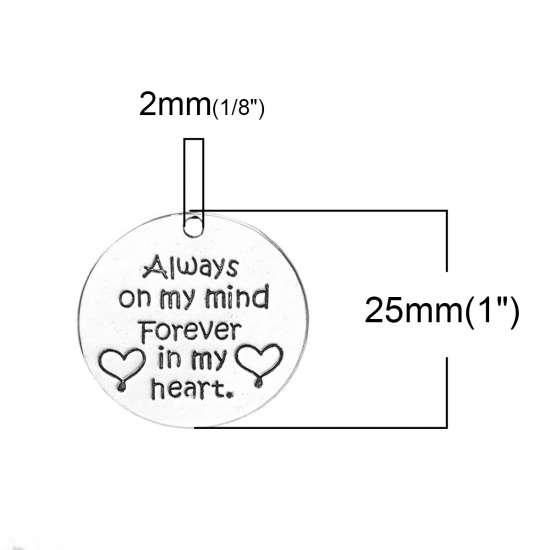 Picture of Zinc Based Alloy Pet Memorial Charms Round Antique Silver Message Heart 25mm(1") Dia, 5 PCs