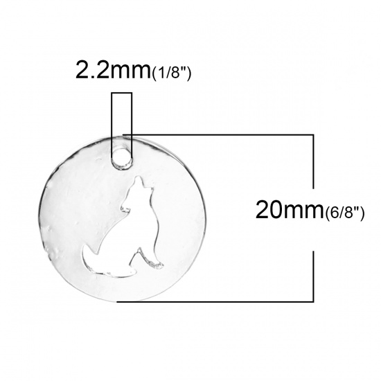 Image de Breloque en Alliage de Zinc Rond Loup Creux Argent Mat 20mm Dia, 5 Pcs