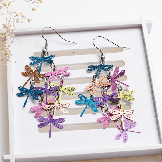 Picture of Brass Earrings Multicolor Dragonfly Animal 74mm(2 7/8") x 32mm(1 2/8"), Post/ Wire Size: (21 gauge), 1 Pair                                                                                                                                                   
