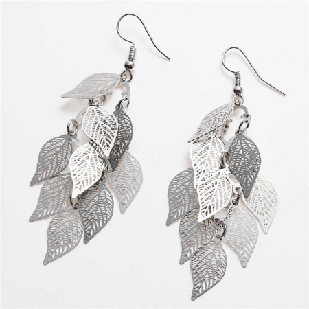 Picture of Brass Filigree Stamping Earrings Leaf Hollow Silver Tone & Gold Plated 80mm(3 1/8