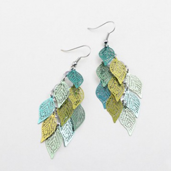 Picture of Copper Earrings Green Leaf Hollow 79mm x 26mm, Post/ Wire Size: (21 gauge), 1 Pair