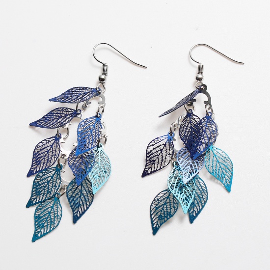 Picture of Brass Earrings Blue Leaf Hollow 79mm(3 1/8") x 26mm(1"), Post/ Wire Size: (21 gauge), 1 Pair                                                                                                                                                                  