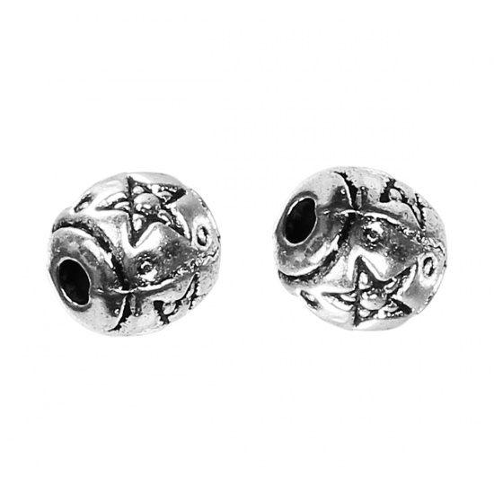 Picture of Zinc Based Alloy Spacer Beads Round Antique Silver Color Star About 6mm Dia, Hole: Approx 1.1mm, 100 PCs