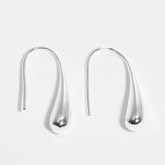 Picture of Brass Ear Wire Hooks Earring Findings Silver Plated Drop 29mm(1 1/8") x 6mm( 2/8"), Post/ Wire Size: (18 gauge), 1 Pair                                                                                                                                       