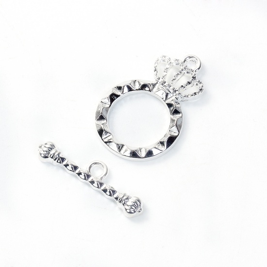 Picture of Zinc Based Alloy Toggle Clasps Crown Silver Plated 26mm x17mm 24mm x7mm, 2 Sets
