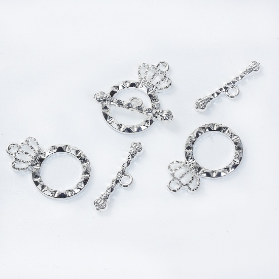Picture of Zinc Based Alloy Toggle Clasps Crown Silver Plated 26mm x17mm 24mm x7mm, 2 Sets