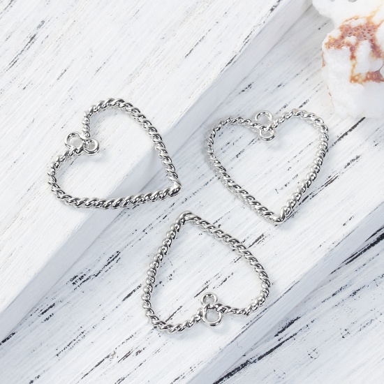 Picture of Zinc Based Alloy Cable Twisted Charms Heart Silver Tone Hollow 27mm(1 1/8") x 26mm(1"), 5 PCs