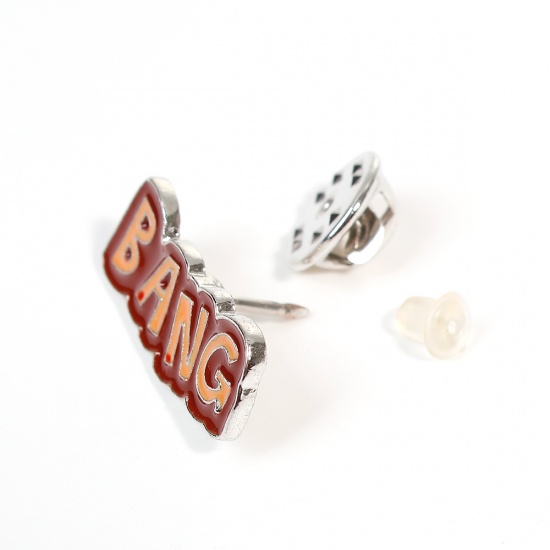 Picture of Tie Tac Lapel Pin Brooches Message " BANG " Silver Tone Brown Enamel 25mm(1") x 11mm( 3/8"), 1 Piece