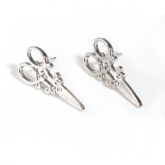 Picture of Ear Post Stud Earrings Silver Plated Scissor 24mm x 12mm, Post/ Wire Size: (20 gauge), 1 Pair
