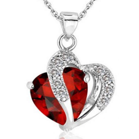 Bild von Halskette Silberfarbe Transparent Herz Rot Strass 45cm lang, 1 Strang