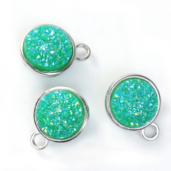 Picture of Zinc Based Alloy & Resin Druzy/ Drusy Charms Round Silver Tone Green AB Color 18mm( 6/8") x 15mm( 5/8"), 5 PCs