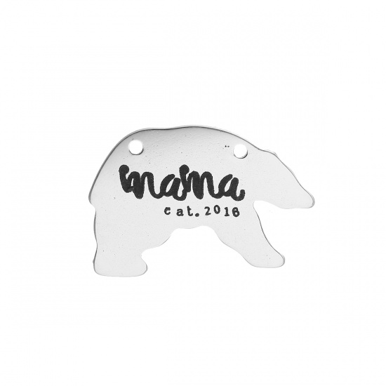 Picture of 304 Stainless Steel Connectors Bear Animal Silver Tone Message " MAMA " 30mm(1 1/8") x 20mm( 6/8"), 5 PCs