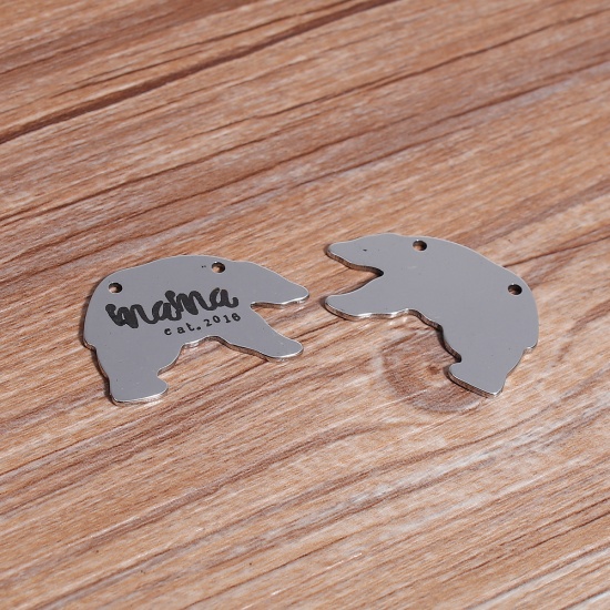 Picture of 304 Stainless Steel Connectors Bear Animal Silver Tone Message " MAMA " 30mm(1 1/8") x 20mm( 6/8"), 5 PCs