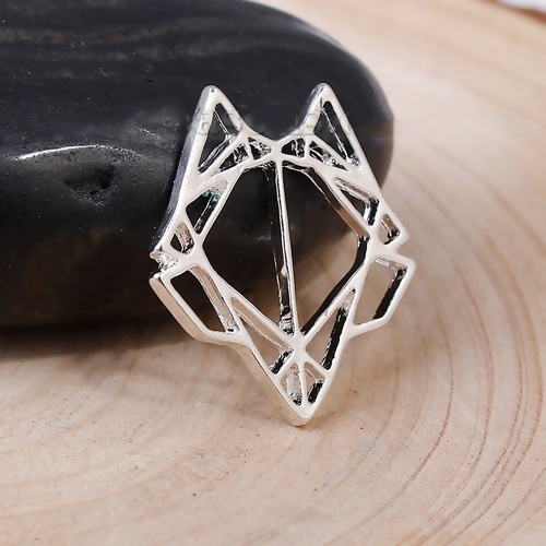 Picture of Zinc Based Alloy Origami Charms Fox Animal Silver Plated Hollow 24mm(1") x 22mm( 7/8"), 5 PCs