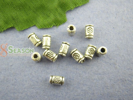 Picture of Zinc Based Alloy Spacer Beads Cylinder Antique Silver Color Flower Carved About 5mm x 3mm, Hole:Approx 1.7mm, 250 PCs