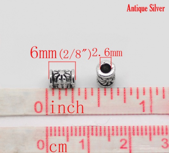 Immagine di Lega di Zinco Separatori Perline Cilindrico Argento Antico Fiore Disegno Circa 6mm Dia, Foro:Circa 2.6mm, 120 Pz