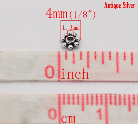 Picture of Zinc Based Alloy Spacer Beads Snowflake Daisy Flower Antique Silver Color About 4mm x 4mm, Hole:Approx 1.3mm, 1000 PCs