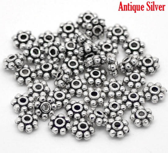 Picture of Zinc Based Alloy Spacer Beads Snowflake Daisy Flower Antique Silver Color About 4mm x 4mm, Hole:Approx 1.3mm, 1000 PCs