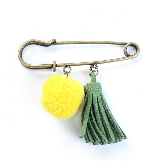 Picture of Velvet Pin Brooches Antique Bronze Faux Suede Green Tassel Yellow Pom Pom Ball 61mm(2 3/8") x 59mm(2 3/8"), 1 Piece