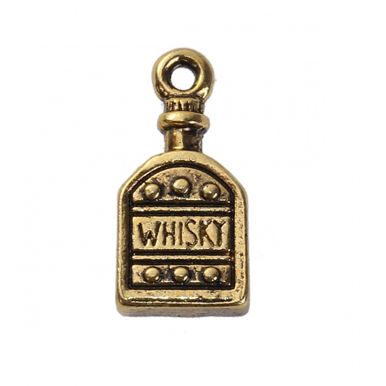 Immagine di Lega di Zinco 3D Charms Bottiglia Oro Antico Lettere " Whisky " 18mm x 9mm , 10 Pz
