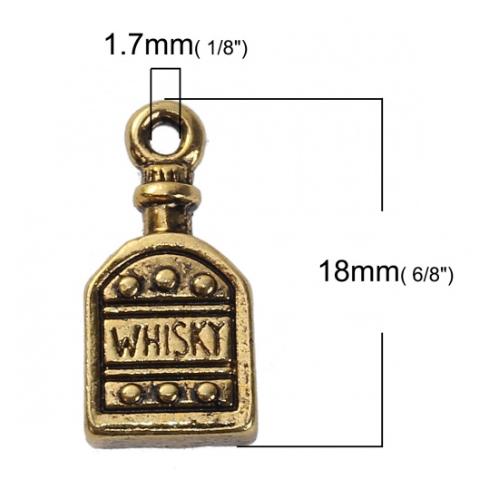 Immagine di Lega di Zinco 3D Charms Bottiglia Oro Antico Lettere " Whisky " 18mm x 9mm , 10 Pz
