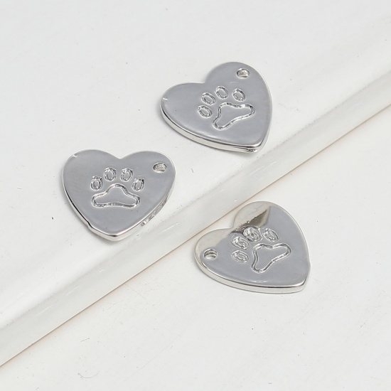 Immagine di Ottone Charms Cuore Tono Argento Impronte di Orso 11mm x 10mm , 2 Pz